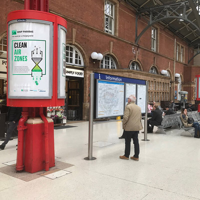 Billboards with air purifier at London’s Marylebone station